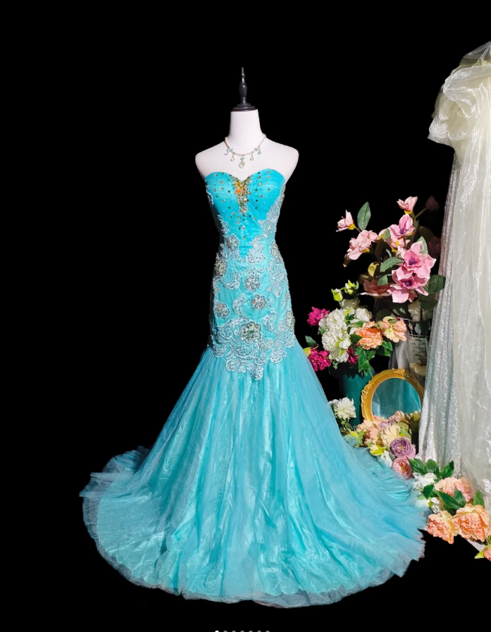 Charming Strapless Blue Tulle Appliques Beaded Mermaid Party Dress Long Birthday Evening Gown