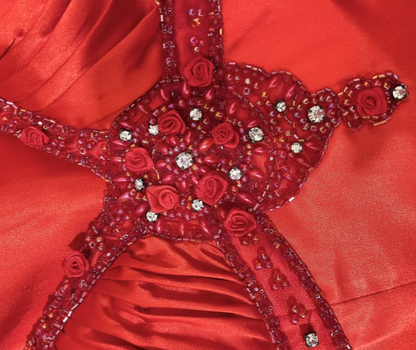 Charming Spaghetti Straps Red V Neck Satin Beaded Party Dress Long Wedding Guest Dress D2057