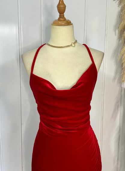 Sexy Red Spaghetti Straps Red Velvet Evening Dress Mermaid Prom Dress Y7816