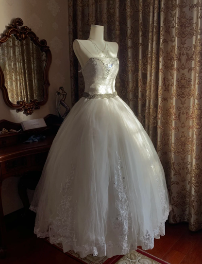 Pretty White Strapless Tulle Beaded Appliques Long Wedding Dress Bridal Dress D1718