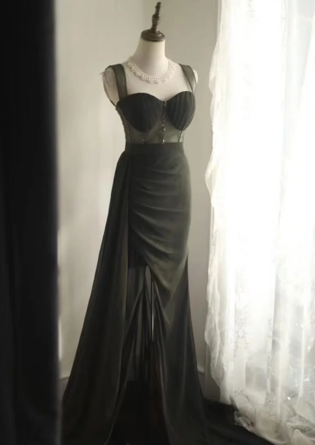 Vintage Green Spaghetti Straps Satin Beaded Mermaid Slit Long Evening Dress Party Gown