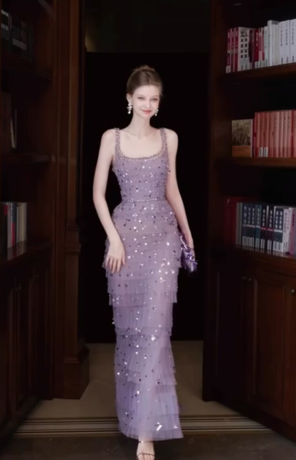 Gorgeous Lilac Sequins Evening Dress,Long Tulle Layered Prom Gown cc3010