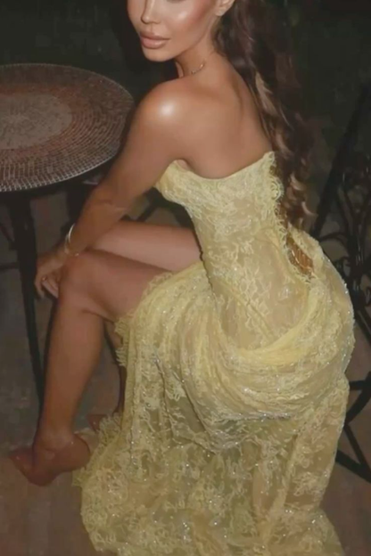 Gorgeous Strapless Yellow Lace Sequin High Slit Mermaid Long Prom Dress Evening Gown