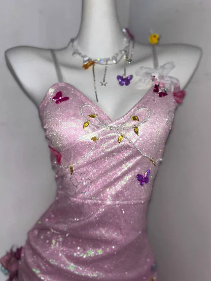 Glitter Pink Sequin Spaghetti Strap Butterfly Design 16th Birthday Party Dress Homecoming Dress D1526