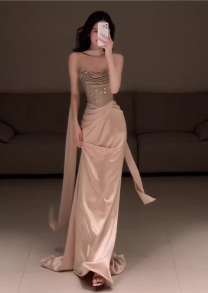 Elegant Strapless Sequin Satin Pleated Mermaid Long Party Dress Birthday Prom Dresses D2219