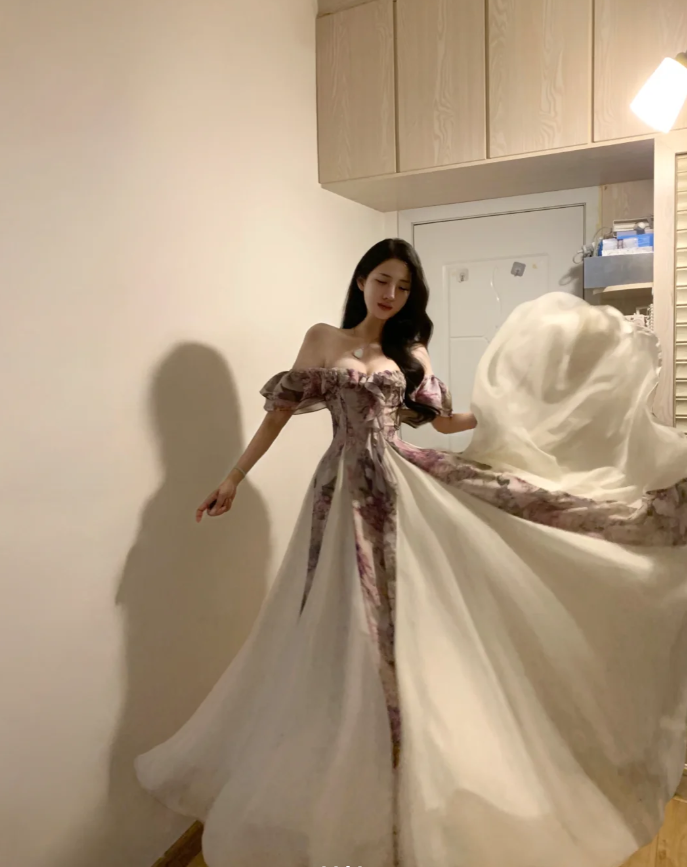 Pretty Off The Shoulder Chiffon Printed Floral A Line Long Party Dress Evening Gown