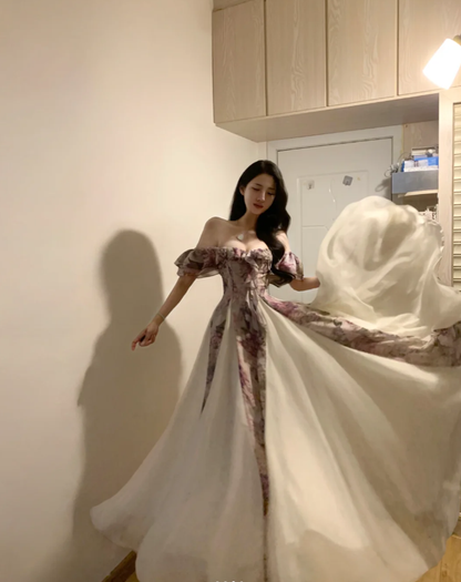 Pretty Off The Shoulder Chiffon Printed Floral A Line Long Party Dress Evening Gown