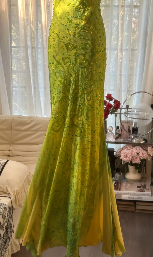 Chic Ombre Green Chiffon Beaded Mermaid Long Party Dress Formal Birthday Prom Dress D2299