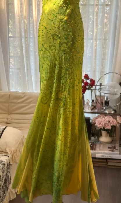 Chic Ombre Green Chiffon Beaded Mermaid Long Party Dress Formal Birthday Prom Dress D2299
