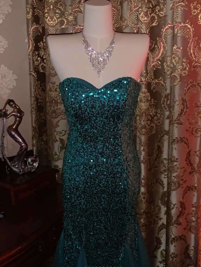 Vintage Strapless Green Tulle Sequin Mermaid Evening Dress Long Wedding Guest Dress Party Gown