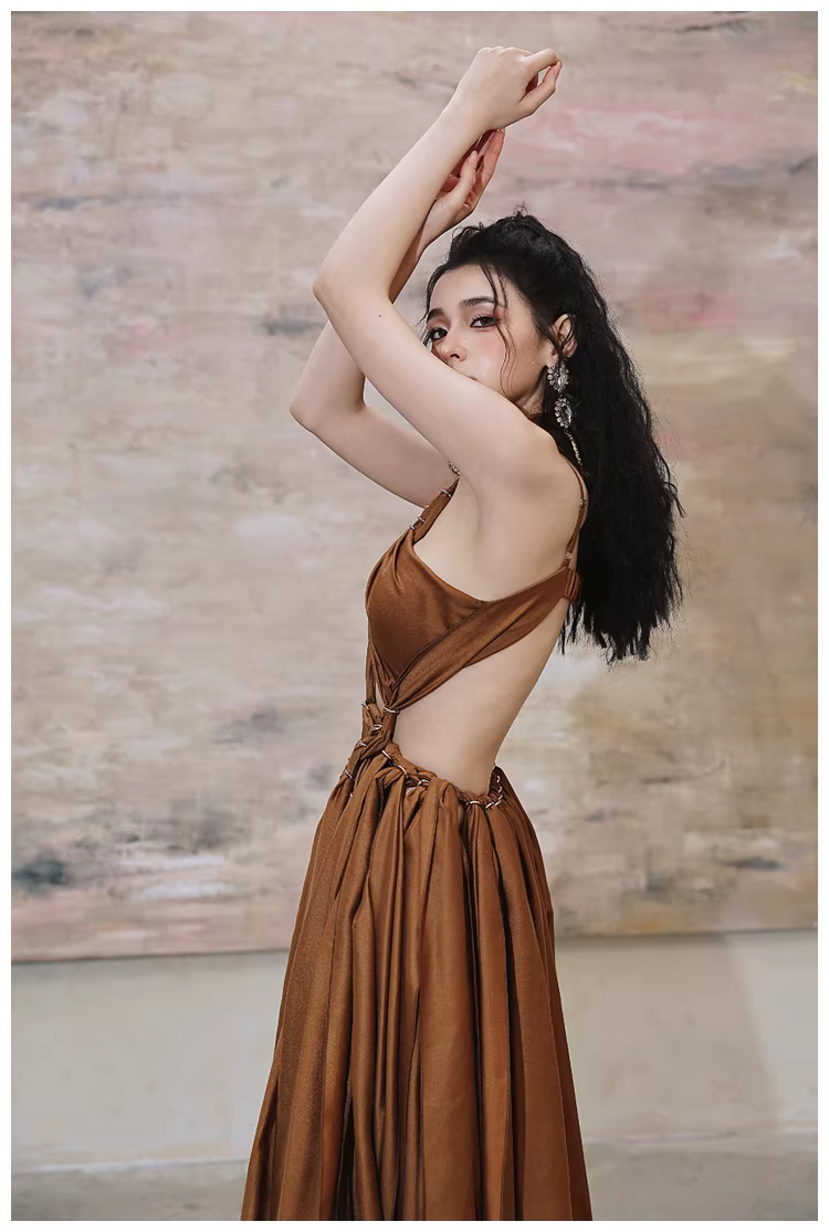 Sexy Halter Caramel Backless Satin Long party Dress Evening Gown