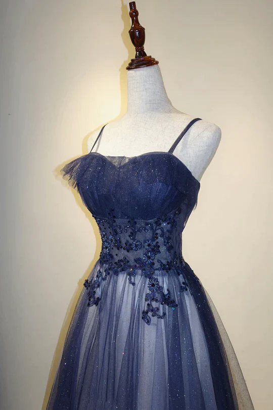 Elegant Ombre Navy Blue Tulle Appliques Straps Long Evening Dress, A-Line Tulle Prom Dresses Y1807