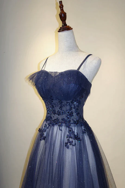 Elegant Ombre Navy Blue Tulle Appliques Straps Long Evening Dress, A-Line Tulle Prom Dresses Y1807
