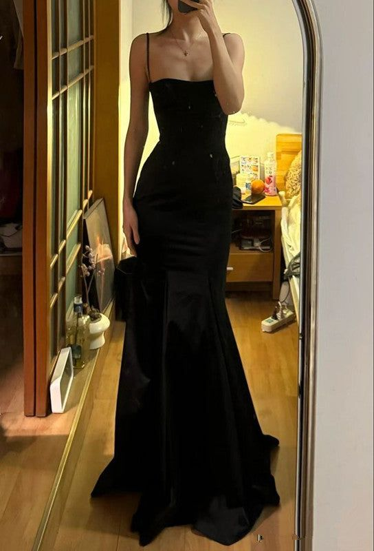 Classy Spaghetti Straps Black Satin Mermaid Long Wedding Guest Dress Birthday Party Dress D1614