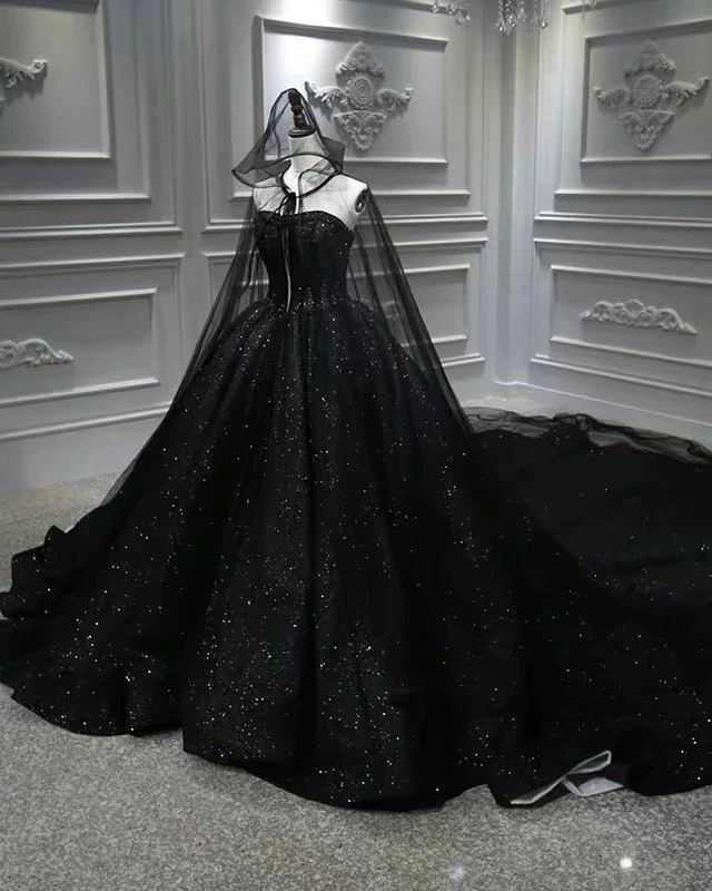 Sequin Shiny Strapless Black Ball Gown Princess Prom Dresses Y56