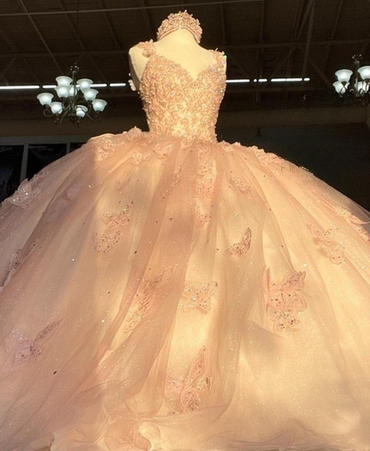 Glamorous Pink Tulle Sequin Beaded Appliques Quinceanera Dress Sweet 16 Dress With Bow D990