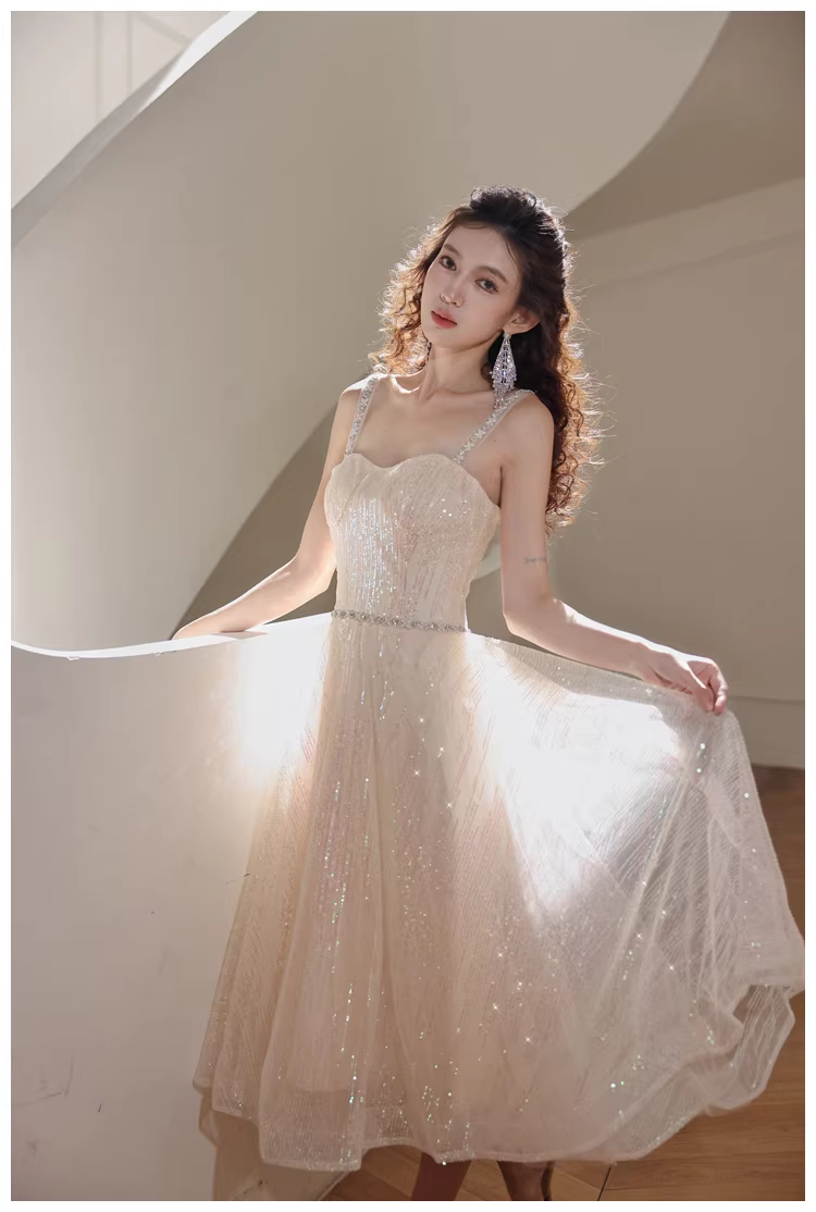 Elegant Light Champagne Tulle Sequin Beaded A Line Mid Length Birthday Prom Dress Evening Gown