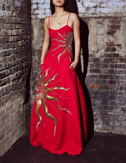 Gorgeous Red Satin Gold Sequins Prom EVening Dress,Formal Party Gown cc2649