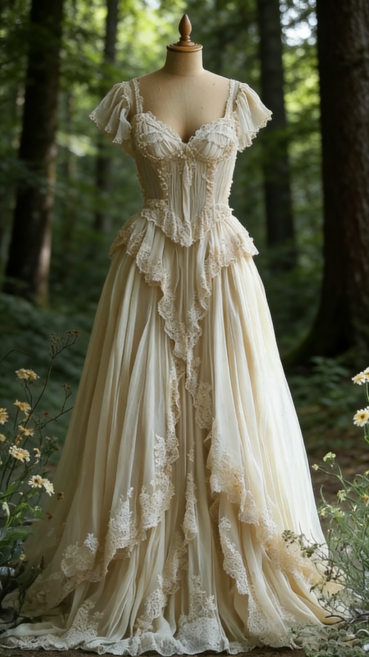 Retro Ivory A-Line Lace Chiffon Vintage Wedding Dress Evening Party Dress, D879