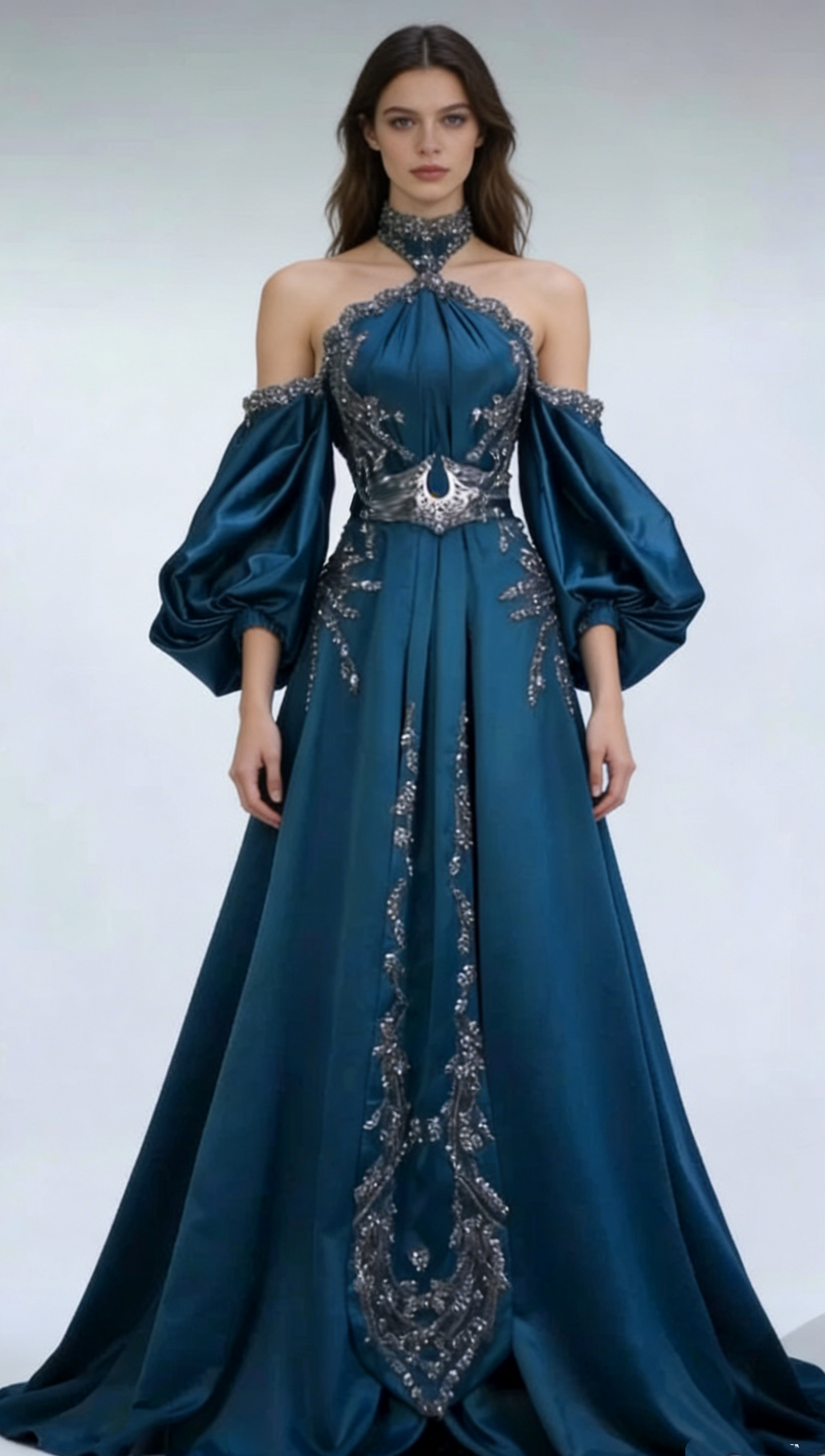 Retro Teal Halter Neck A-Line Beading Chic Long Party Dress Evening Gown, D935