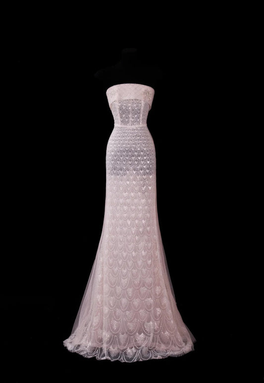 Fairy Pink  Prom Dress Tulle Strapless Sheath Evening Dress S1050