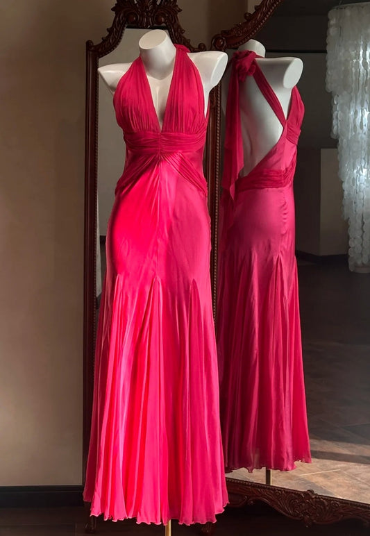 Fairy Hot Pink Prom Dress Chiffon V-neck Sheath Evening Dress S1052