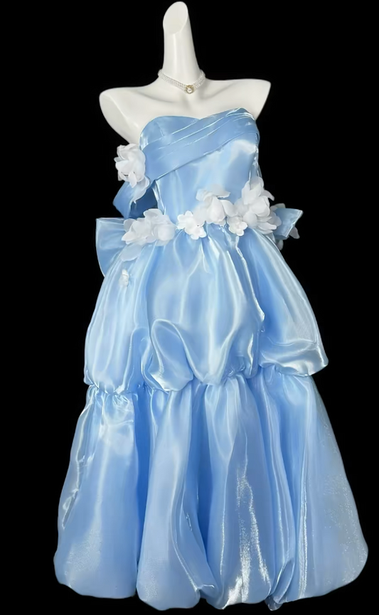 Fairy Blue Prom Dress Saitn Strapless A-Line Evening Dress S1053