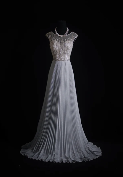 Pretty Gray Satin Pleated Sequin Beaded Long Wedding Guest Dress Party Dress D1685