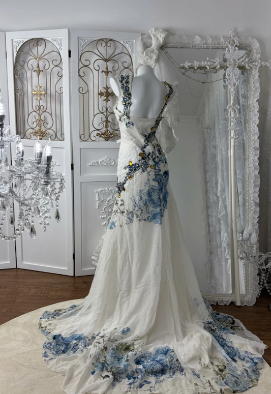 Fairy White Prom Dress Chiffon Straps Sheath Evening Dress  S1048