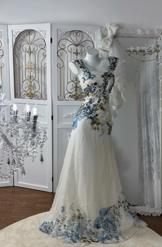 Fairy White Prom Dress Chiffon Straps Sheath Evening Dress  S1048