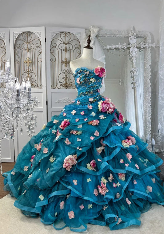 Fairy Blue Prom Dress Tulle Strapless A-Line Evening Dress S1049
