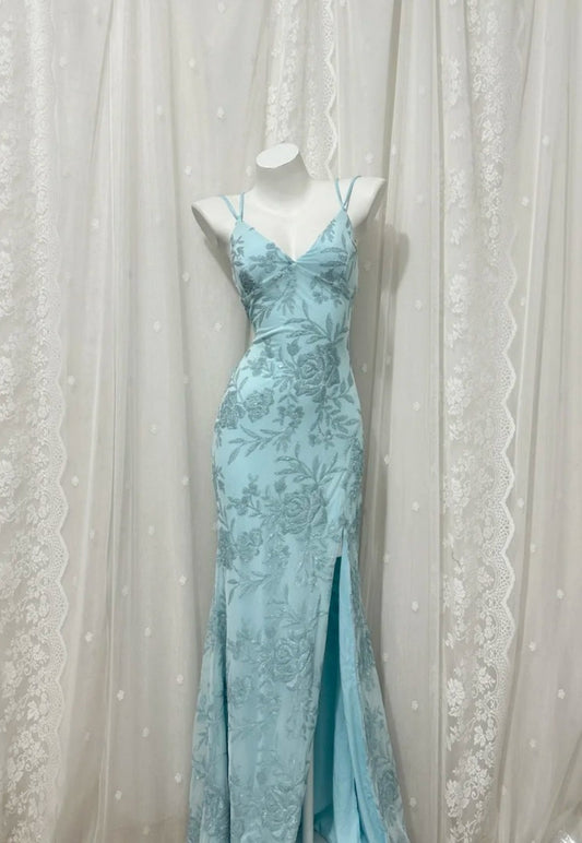 Fairy Blue Prom Dress Sequins Spaghetti Straps  Sheath Evening Dress S1054