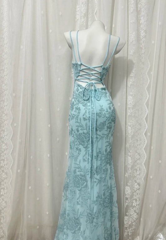 Fairy Blue Prom Dress Sequins Spaghetti Straps  Sheath Evening Dress S1054
