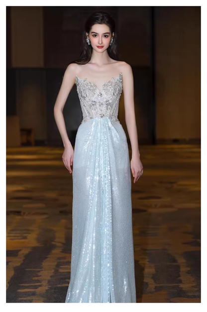 Glamorous Blue Strapless Tulle Sequin Beaded Mermaid Long Evening Dress Prom Dress D2216