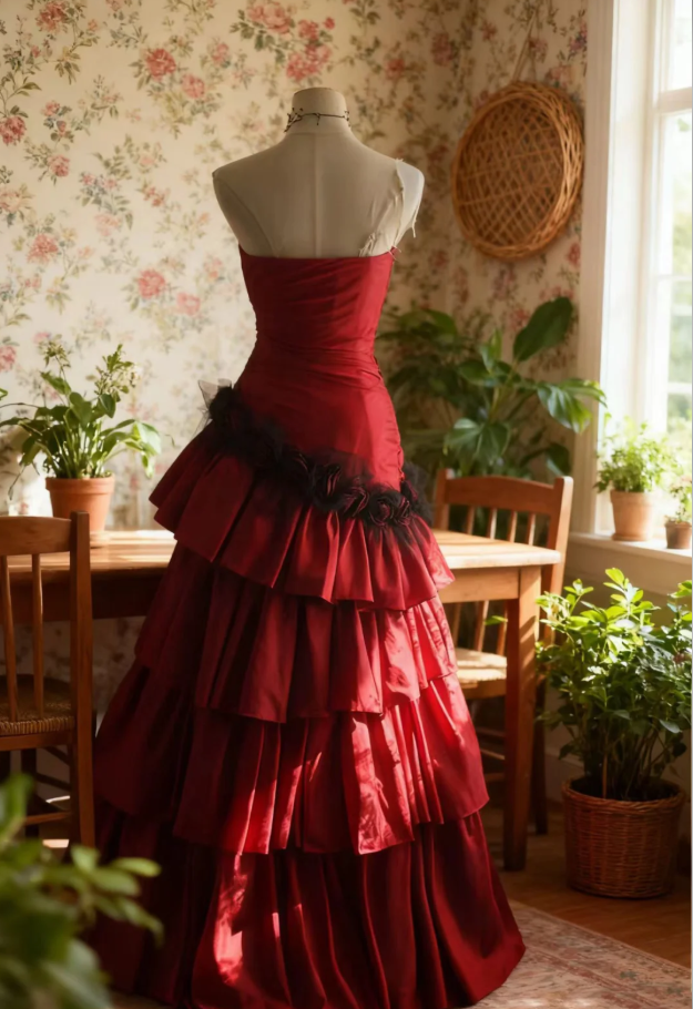 Vintage Red Strapless Satin Layered Mermaid Evening Dress Long Party Dress D2311