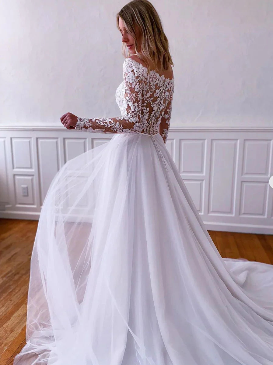 White lace tulle long prom dress, white lace tulle evening dress    fg3859