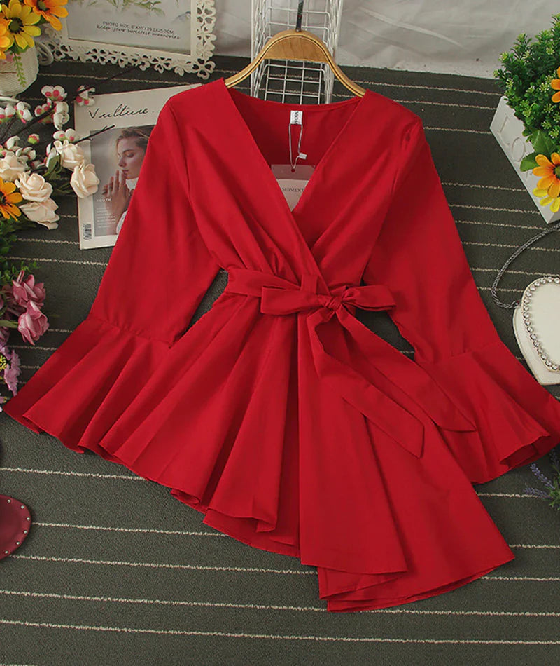 Stylish v-neck irregular top long sleeve flared top     S2533