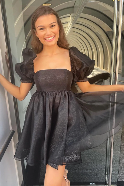 Pink Square Neck Balloon Sleeves A-Line Homecoming Dress,Y2434