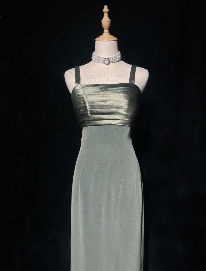Vintage Spaghetti Straps Olive Green Satin Sheath Long Evening Dress Formal Wedding Guest Dress With Appliques SP1796