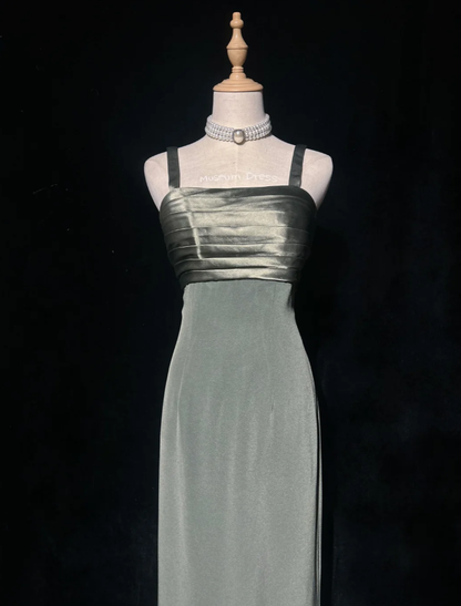 Vintage Spaghetti Straps Olive Green Satin Sheath Long Evening Dress Formal Wedding Guest Dress With Appliques SP1796