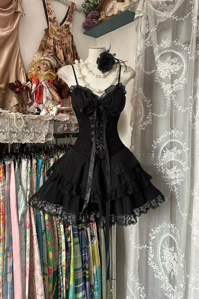 Elegant Spaghetti Straps Satin Lace Layered A Line Short Party Dress Formal Graduation Homecoming Dress  S1000