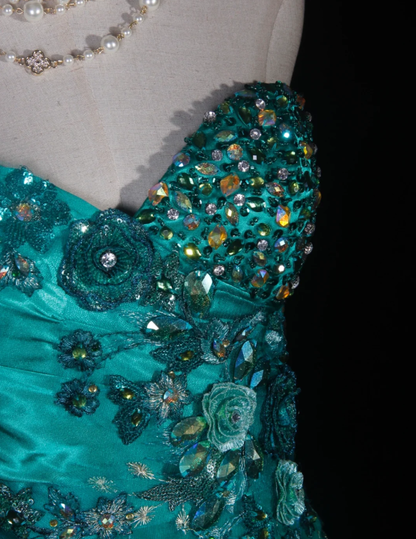 Fashion Strapless Green Satin Beaded  Birthday Prom Dress Embroidery Floral Mermaid Long Evening Dress D2281