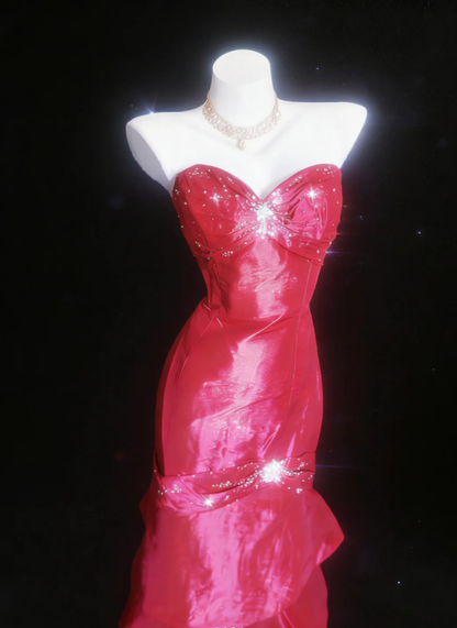Charming Satin Pleated Beaded Layered Mermaid Long Prom Dress Formal Birthday Party Gown SP1590