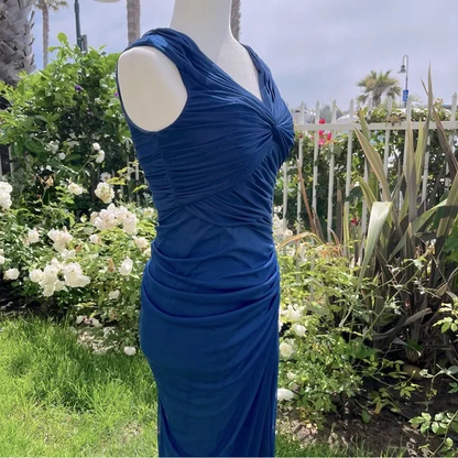 Vintage Fashion Mermaid V Neckline Navy Blue Floor Length Evening Dress Prom Dresses SD1881