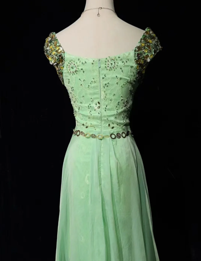Charming Mint Green Sleeveless Lace Chiffon Beaded Long Birthday Prom Dress Evening Gown SP1441