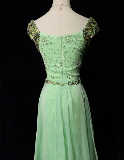 Charming Mint Green Sleeveless Lace Chiffon Beaded Long Birthday Prom Dress Evening Gown SP1441