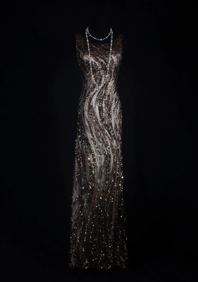 Retro Dark Brown Sleeveless Satin Sequin Beaded Long Evening Dress Birthday Dress D2290
