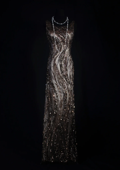 Retro Dark Brown Sleeveless Satin Sequin Beaded Long Evening Dress Birthday Dress D2290