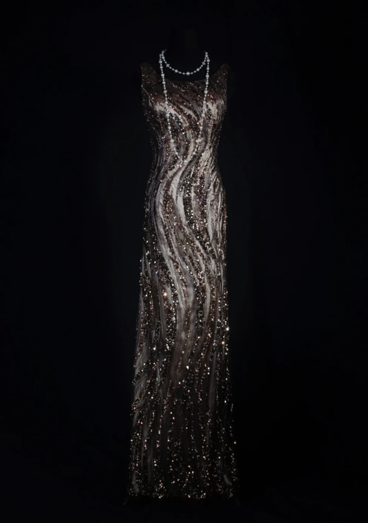 Retro Dark Brown Sleeveless Satin Sequin Beaded Long Evening Dress Birthday Dress D2290