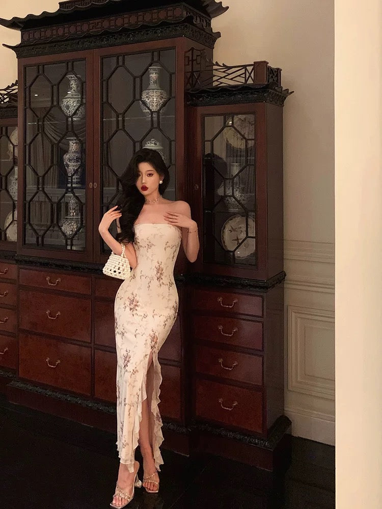 Classy Sheath Strapless Floral Ivory Long Prom Dresses Birthday Outfits Evening Gown